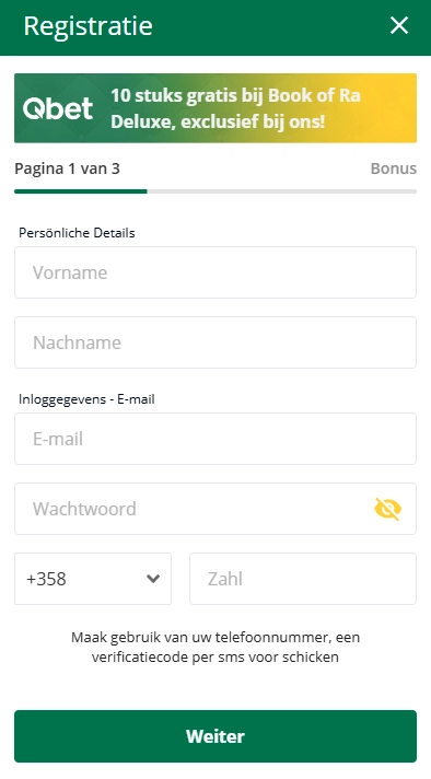 Qbet Casino registratieformulier voor het aanmaken van een account