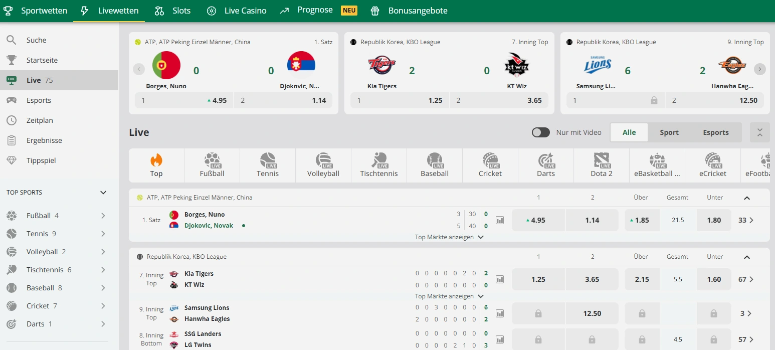 Qbet Casino live weddenschappen met actuele sportmarkten